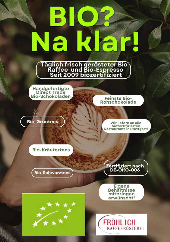 Grünes Plakat mit Kaffeepflanze und Cappuccinotasse mit Werbung für unsere Biolinie