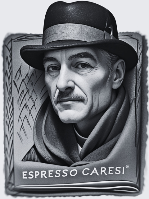 gezeichnetes, schwarz-weiß-Porträt eines älteren, eleganten Herrn mit Hut, darunter steht Espresso Caresi (KI-generiert, eigenes Foto)
