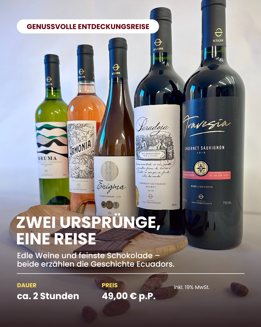 5 ecuadorianische Weinflaschen und der Text  Wein & Schokolade aus Ecuador